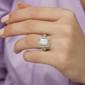 Zirkon Taşlı Motifli Tektaş Gümüş Bayan Baget Yüzük thumbnail 3