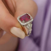 Kırmızı Zirkon Taşlı Motifli Tektaş Gümüş Bayan Baget Yüzük thumbnail 12