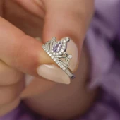 Ametist Zirkon Taşlı Kraliçe Taç Motifli Tektaş Gümüş Bayan Yüzük thumbnail 7