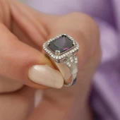 Ametist Zirkon Taşlı Motifli Tektaş Gümüş Bayan Baget Yüzük thumbnail 6