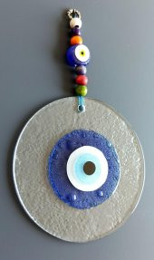 Mavi Nazar Boncuklu El Yapımı Şeffaf Cam Duvar Süsü - 3