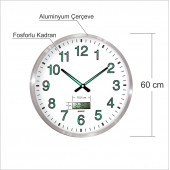 Büyük Dev 60 cm Aluminyum Çerçeveli Fosforlu Dijitalli Termometreli Düz Okunaklı Kadran Duvar Saati - 1
