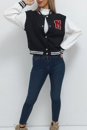 M Baskılı Kolej Yaka Sweatshirt Siyah - 1