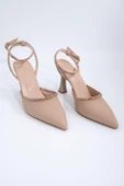 Ten Saten Taşlı Stiletto Bilekten Bantlı Kadeh Topuk Ayakkabı - Honey - 5