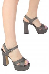 Platin Gri Saten Kalın Platform Topuklu Yüksek Ayakkabı - Margarita - 1