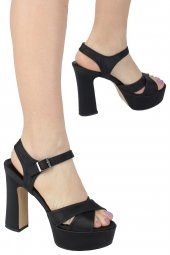 Siyah Saten Kalın Platform Topuklu Yüksek Ayakkabı - Margarita - 3