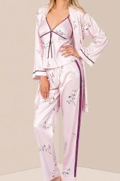 Nipora Kadın Pudra 3 lü Saten Sabahlıklı Pijama Takım 017 - 1