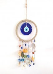 Nazar Boncuklu Hasır Deniz Kabuklu Duvar Süsü Rüzgar Çanı - 3