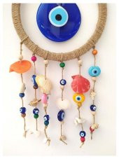 Nazar Boncuklu Hasır Deniz Kabuklu Duvar Süsü Rüzgar Çanı - 4