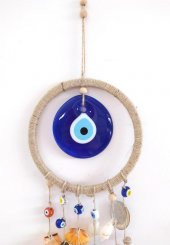 Nazar Boncuklu Hasır Deniz Kabuklu Duvar Süsü Rüzgar Çanı - 5
