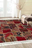 Kırmızı Vintage Baskılı Şönil Halı Saçaklı Kilim - 4