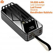50.000 mAh 2.1A Powerbank Dijital Göstergeli Led Fenerli Kendinden Kablolu Bileklikli Powerbank - 1