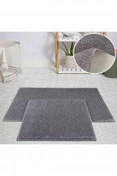 My Evilla Modern Dekoratif Halı Jel Kaymaz Taban Peluş Açık Gri Paspas Takımı 50x80 - 1