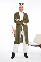 Kadın Triko Uzun Hırka Cepli V Yaka - 1