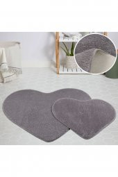 My Evilla Modern Dekoratif Halı Jel Kaymaz Taban Peluş Puffy Kalp Model Gri Paspas Takımı 70x100-70x60 - 1