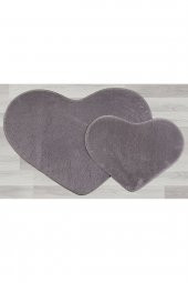 My Evilla Modern Dekoratif Halı Jel Kaymaz Taban Peluş Puffy Kalp Model Gri Paspas Takımı 70x100-70x60 - 5