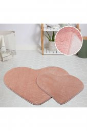 My Evilla Modern Dekoratif Halı Jel Kaymaz Taban Peluş Puffy Kalp Model Pembe Paspas Takımı 70x100-70x60 - 3