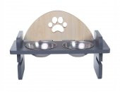 Woodylife Ahşap Başlıklı Oval Pati Desenli Yüksekliği Ayarlanan Kedi ve Köpek Mama ve Su Kabı Çelik Kaseli - 1