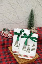 2li Beyaz Taşlı Çam Ağacı İşlemeli Yılbaşı Havlusu - 1