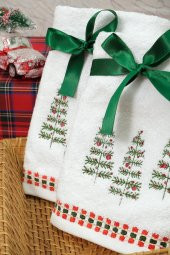 2li Beyaz Taşlı Çam Ağacı İşlemeli Yılbaşı Havlusu - 2