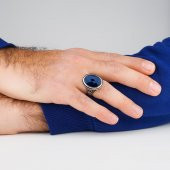 Mavi Oval Zirkon Taşlı 925 Ayar Gümüş Erkek Yüzük thumbnail 2