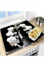 Cam Ocak Koruyucu ve Kesim Tablası Beyaz Orkide (80cm x 52cm) 2 Parça, 5li Ocaklar - 3