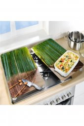 Dekoratif Cam Ocak Koruyucu Ve Kesim Tahtası Bambu Yolu 60cm X 52cm 2 Parça, 4lü Ocaklar - 1