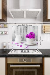 Dekoratif Cam Ocak Koruyucu Ve Kesim Tahtası Mor Çiçek 60cm X 52cm 2 Parça, 4lü Ocaklar - 1
