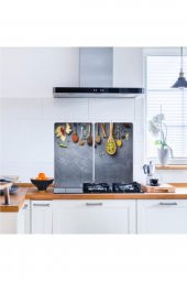 Dekoratif Cam Ocak Koruyucu Ve Kesim Tahtası Baharat Ve Kaşıklar 60cm X 52cm 2 Parça, 4lü Ocaklar - 1