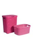 Hasır Desenli Plastik Pembe Çamaşır Sepeti & Pembe Çamaşır Selesi - 1