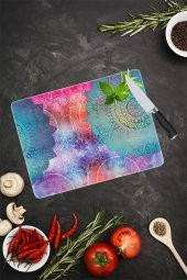 Mavi Kırmızı Mandala Desenli Cam Kesme Tahtası| 30 Cm X 40 Cm thumbnail 1