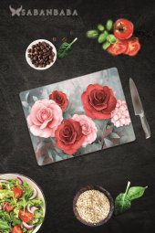 Kırmızı & Pembe Gül Cam Kesme Tahtası - Cam Kesme Tablası | 30 Cm X 40 Cm - 1