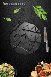 Siyah Üçgen Desenli Cam Kesme Tahtası - Cam Kesme Tablası - Sunum Tabağı| Çap 32 Cm thumbnail 3