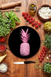Siyah Ananas Desenli Cam Kesme Tahtası - Cam Kesme Tablası - Sunum Tabağı| Çap 32 Cm - 1