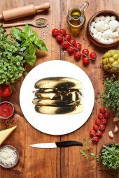 Altın Burger Desenli Cam Kesme Tahtası - Cam Kesme Tablası - Sunum Tabağı| Çap 32 Cm thumbnail 1