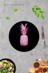Siyah Ananas Desenli Cam Kesme Tahtası - Cam Kesme Tablası - Sunum Tabağı| Çap 32 Cm - 2