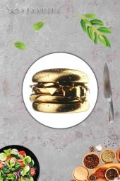 Altın Burger Desenli Cam Kesme Tahtası - Cam Kesme Tablası - Sunum Tabağı| Çap 32 Cm thumbnail 3