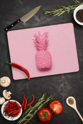 Pembe Ananas Desenli Cam Kesme Tahtası - Cam Kesme Tablası | 30 Cm X 40 Cm - 1