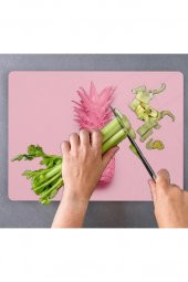 Pembe Ananas Desenli Cam Kesme Tahtası - Cam Kesme Tablası | 30 Cm X 40 Cm - 2