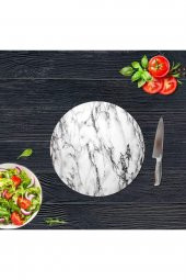 Dekoratif Cam Kesme Tahtası  Beyaz Mermer Çap 32 cm | Cam Kesme Tablası - 1