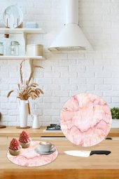 Dekoratif Cam Kesme Tahtası Pembe Mermer Çap 32 cm | Cam Kesme Tablası - 1