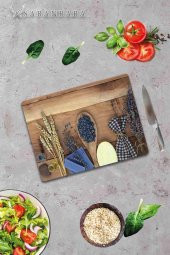 Dekoratif Cam Kesme Tahtası 20cm x 30cm Tohum ve Tahta Kaşık - 3