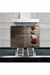 Cam Ocak Koruyucu ve Kesim Tablası Beşli Kalpler  (80cm x 52cm) 2 Parça, 5li Ocaklar - 1