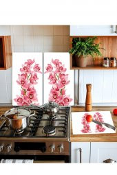 Takım Halinde Pembe Orkide 20x30 Cm Kesme Tablası Ve 60x52cm Cam Ocak Koruyucu 4lü Ocaklar thumbnail 1