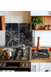 Takım Halinde Yaldızlı Mermer 20x30 Cm Kesme Tablası Ve 60x52cm Cam Ocak Koruyucu 4lü Ocaklar thumbnail 1