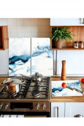 Takım Halinde Mavi Deniz 20x30 Cm Kesme Tablası Ve 60x52cm Cam Ocak Koruyucu 4lü Ocaklar thumbnail 1