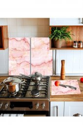 Takım Halinde Pembe Mermer 20x30 Cm Kesme Tablası Ve 60x52cm Cam Ocak Koruyucu 4lü Ocaklar thumbnail 1