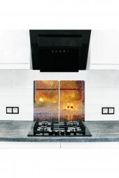 Cam Ocak Arkası Koruyucu ve Kesme Tahtası Kış 2| 30cm x 52cm 2li thumbnail 1