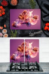 Takım Halinde Mor Tablo 20x30 cm Kesme Tablası ve 60x52cm Cam Ocak Koruyucu 4lü Ocaklar - 1