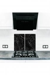 Dekoratif Cam Ocak Koruyucu ve Kesim Tablası Siyah Mermer 60cm x 52cm 2 Parça, 4lü Ocaklar thumbnail 2